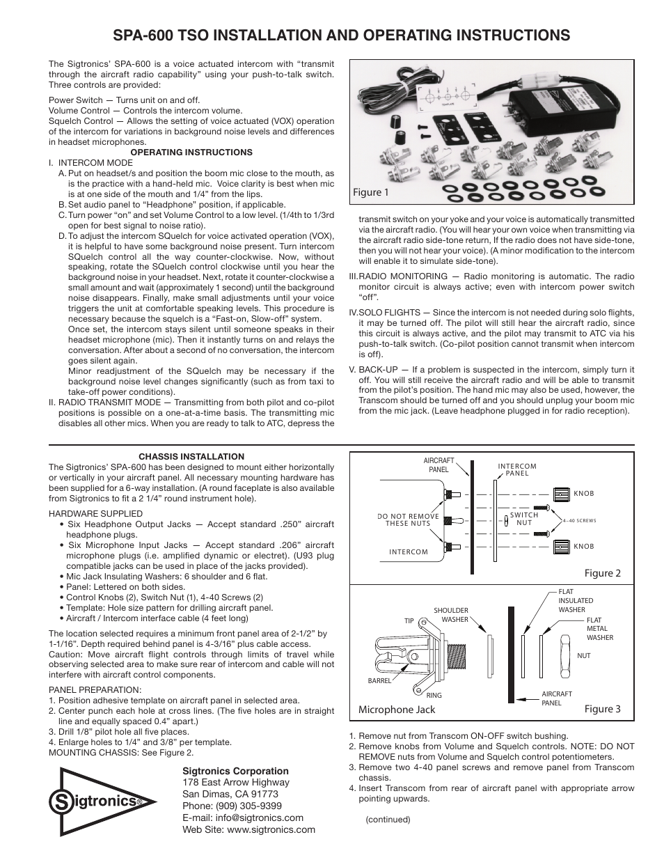 Sigtronics SPA-600 User Manual | 2 pages