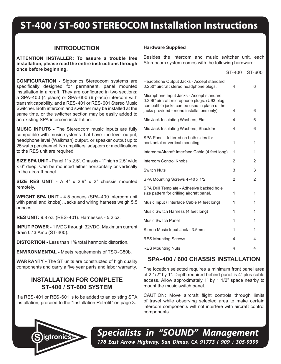Sigtronics RES-601 Installation Instructions User Manual | 6 pages
