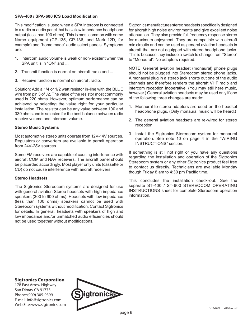 Sigtronics RES-601 Installation Instructions User Manual | Page 6 / 6