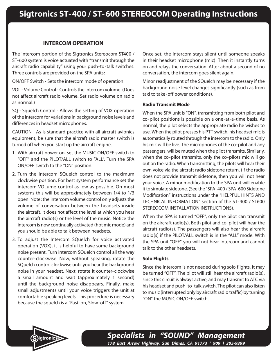 Sigtronics RES-601 Operating Instructions User Manual | 2 pages