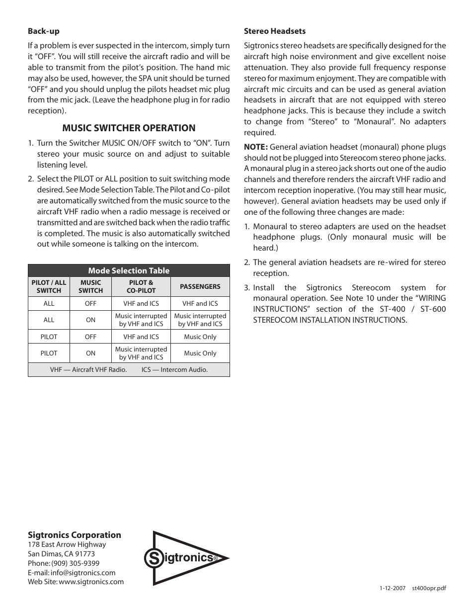 Music switcher operation | Sigtronics RES-601 Operating Instructions User Manual | Page 2 / 2