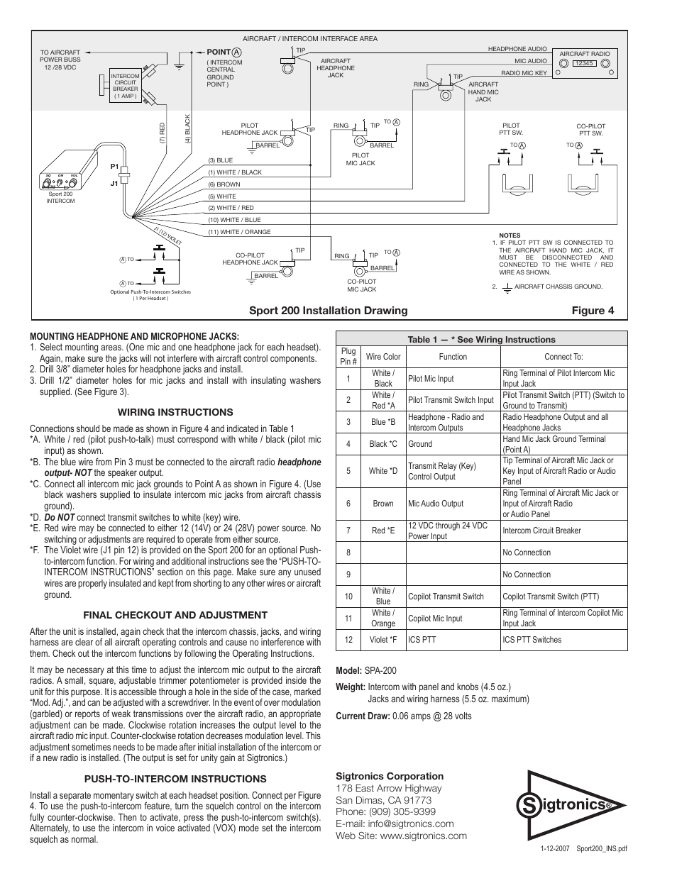 Sport 200 installation drawing figure 4 | Sigtronics Sport 200 User Manual | Page 2 / 2