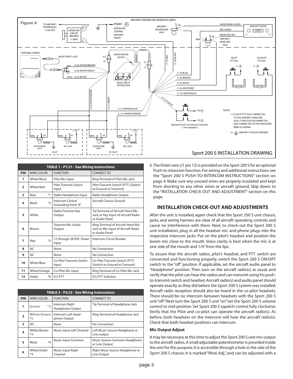 Installation check-out and adjustments, Sport 200 s installation drawing, Page 3 | Figure 4 | Sigtronics Sport 200 S Installation Instructions User Manual | Page 3 / 4