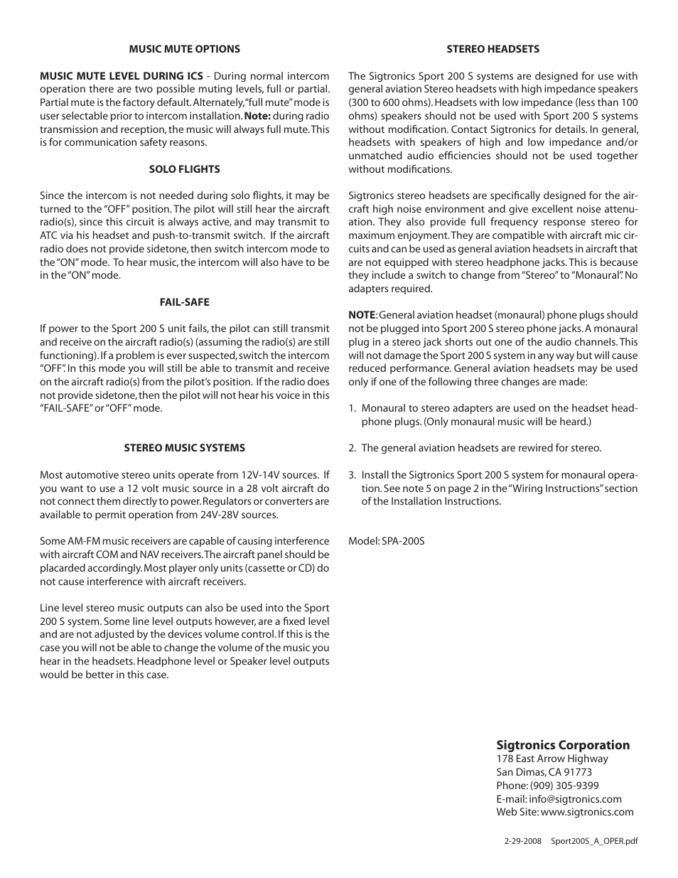 Sigtronics Sport 200 S Operating Instructions User Manual | Page 2 / 2