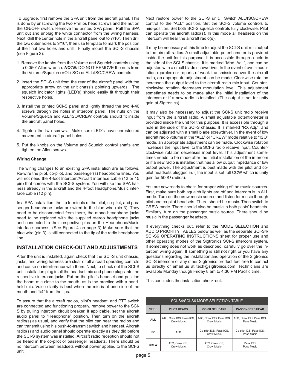 Installation check-out and adjustments | Sigtronics SCI-S6 Installation Instructions User Manual | Page 5 / 6