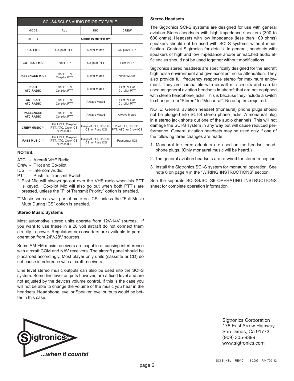 When it counts, Page 6 | Sigtronics SCI-S6 Installation Instructions User Manual | Page 6 / 6