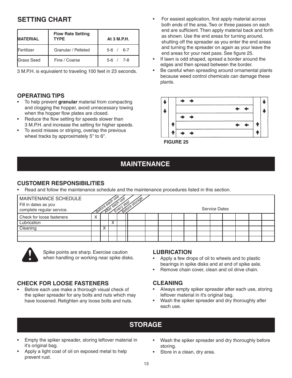 Maintenance, Storage, Setting chart | Craftsman SPIKER 486.24331 User Manual | Page 13 / 16