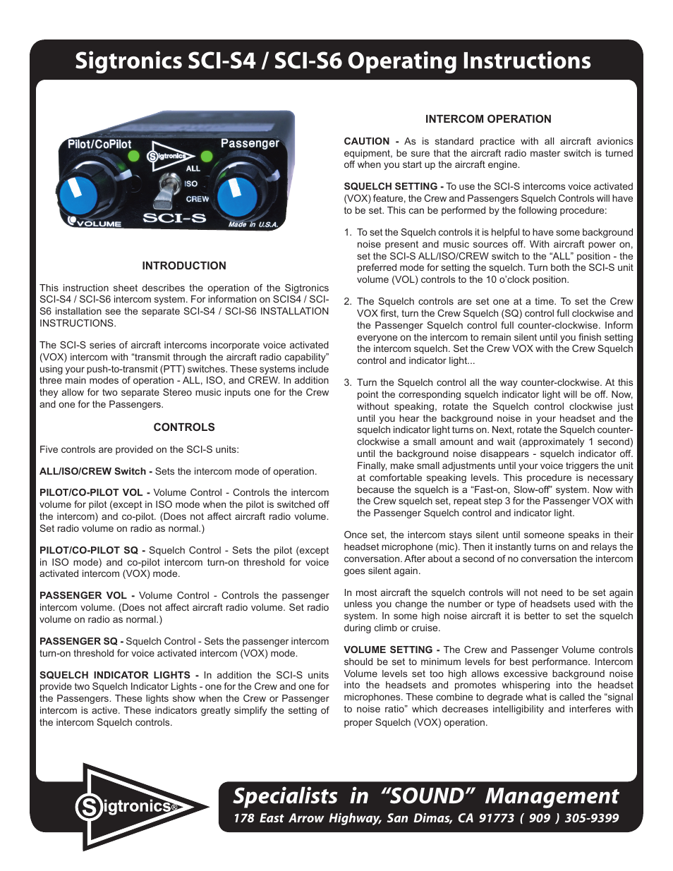 Sigtronics SCI-S6 Operating Instructions User Manual | 2 pages