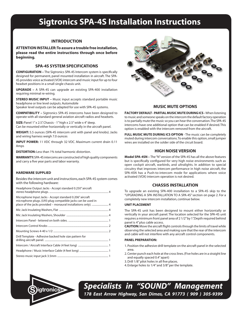 Sigtronics SPA-4SN Installation Instructions User Manual | 4 pages