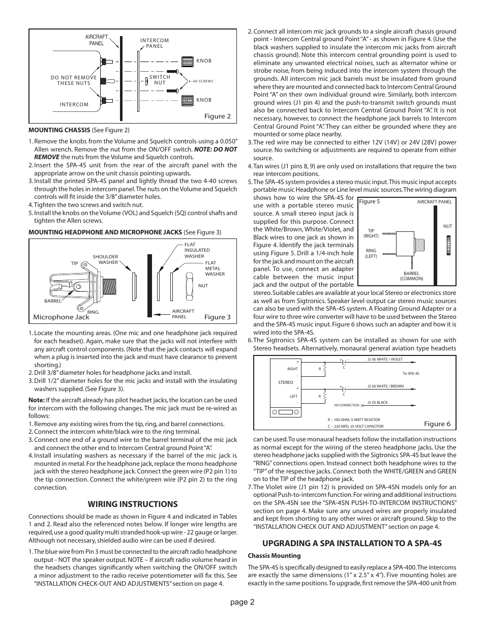 Wiring instructions, Upgrading a spa installation to a spa-4s, Page 2 | Sigtronics SPA-4SN Installation Instructions User Manual | Page 2 / 4