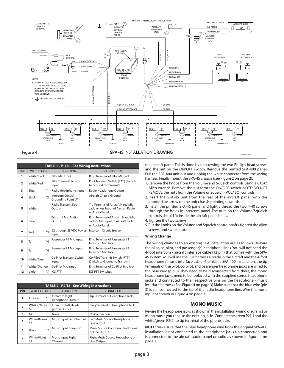 Mono music, Spa-4s installation drawing, Page 3 | Figure 4, Table 1 - p1/j1 - see wiring instructions, Table 2 - p2/j2 - see wiring instructions | Sigtronics SPA-4SN Installation Instructions User Manual | Page 3 / 4