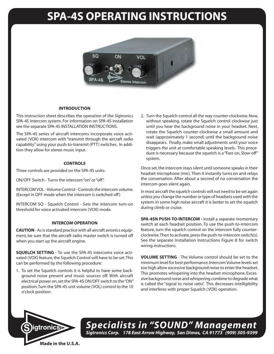 Sigtronics SPA-4SN Operating Instructions User Manual | 2 pages