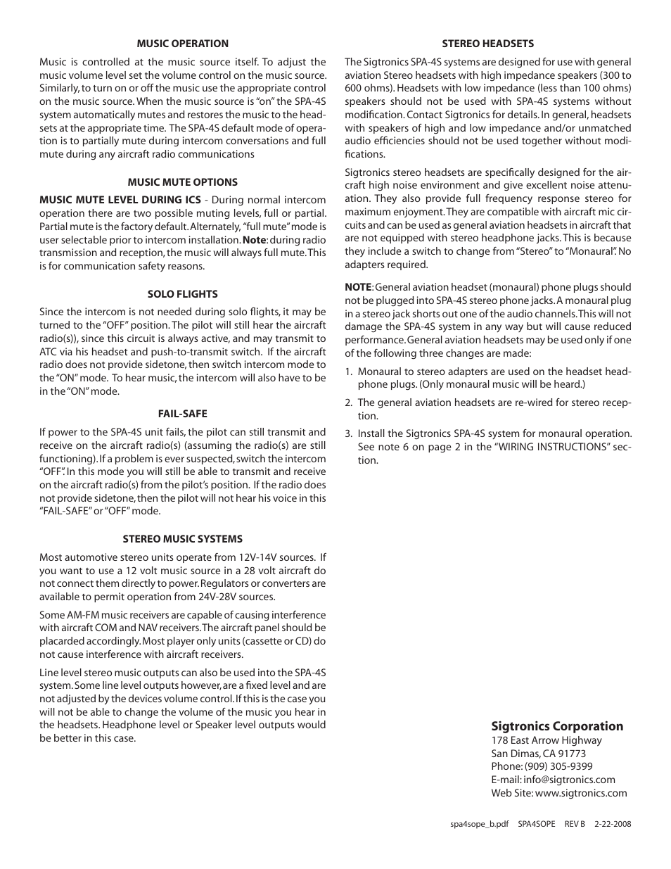 Sigtronics SPA-4SN Operating Instructions User Manual | Page 2 / 2