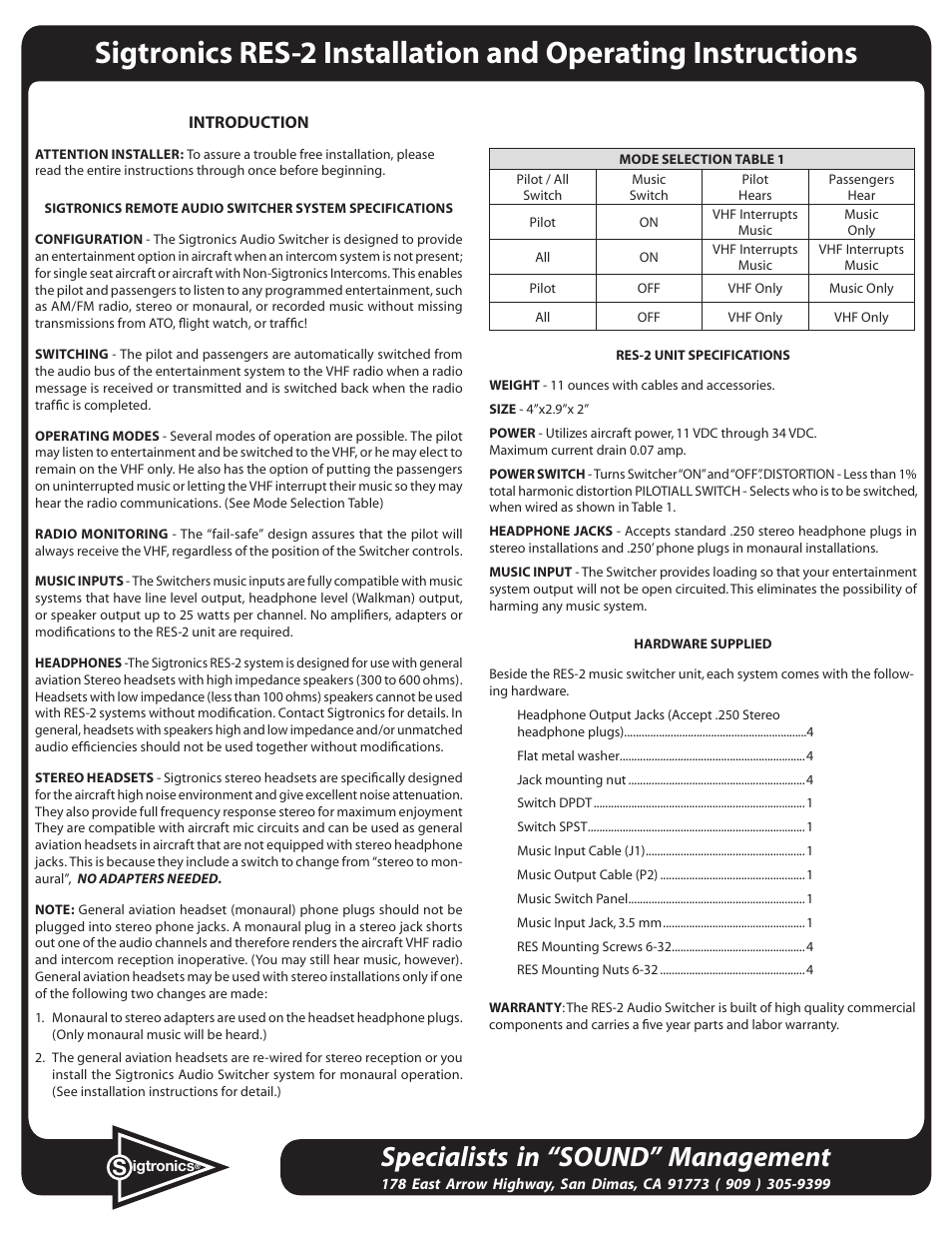 Sigtronics RES-2 User Manual | 2 pages