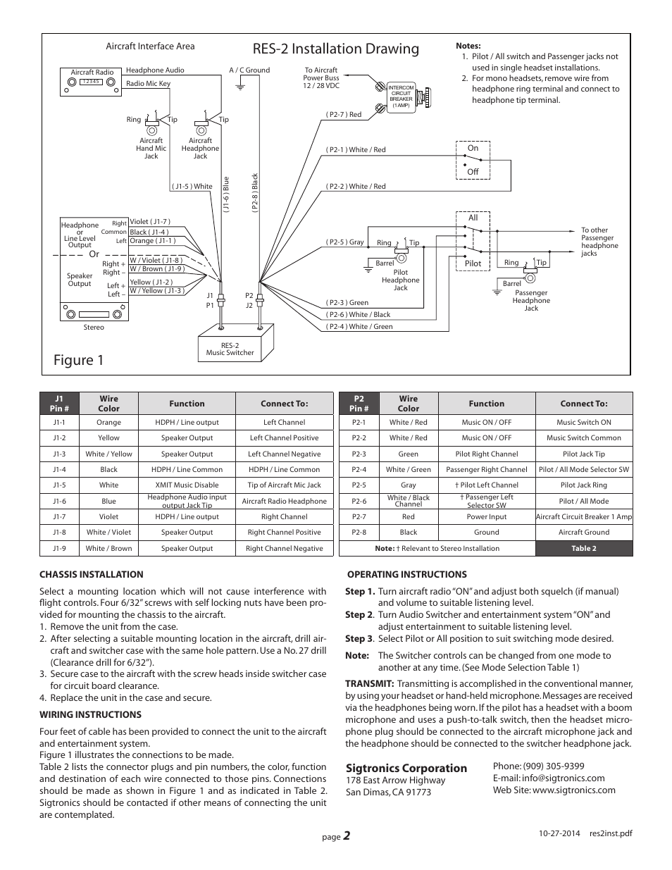 Res-2 installation drawing figure 1, Sigtronics corporation | Sigtronics RES-2 User Manual | Page 2 / 2