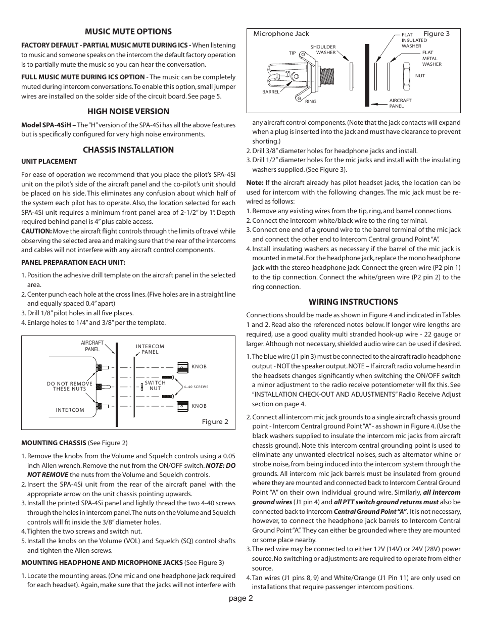 Music mute options, High noise version, Chassis installation | Wiring instructions | Sigtronics SPA-4Si User Manual | Page 2 / 6