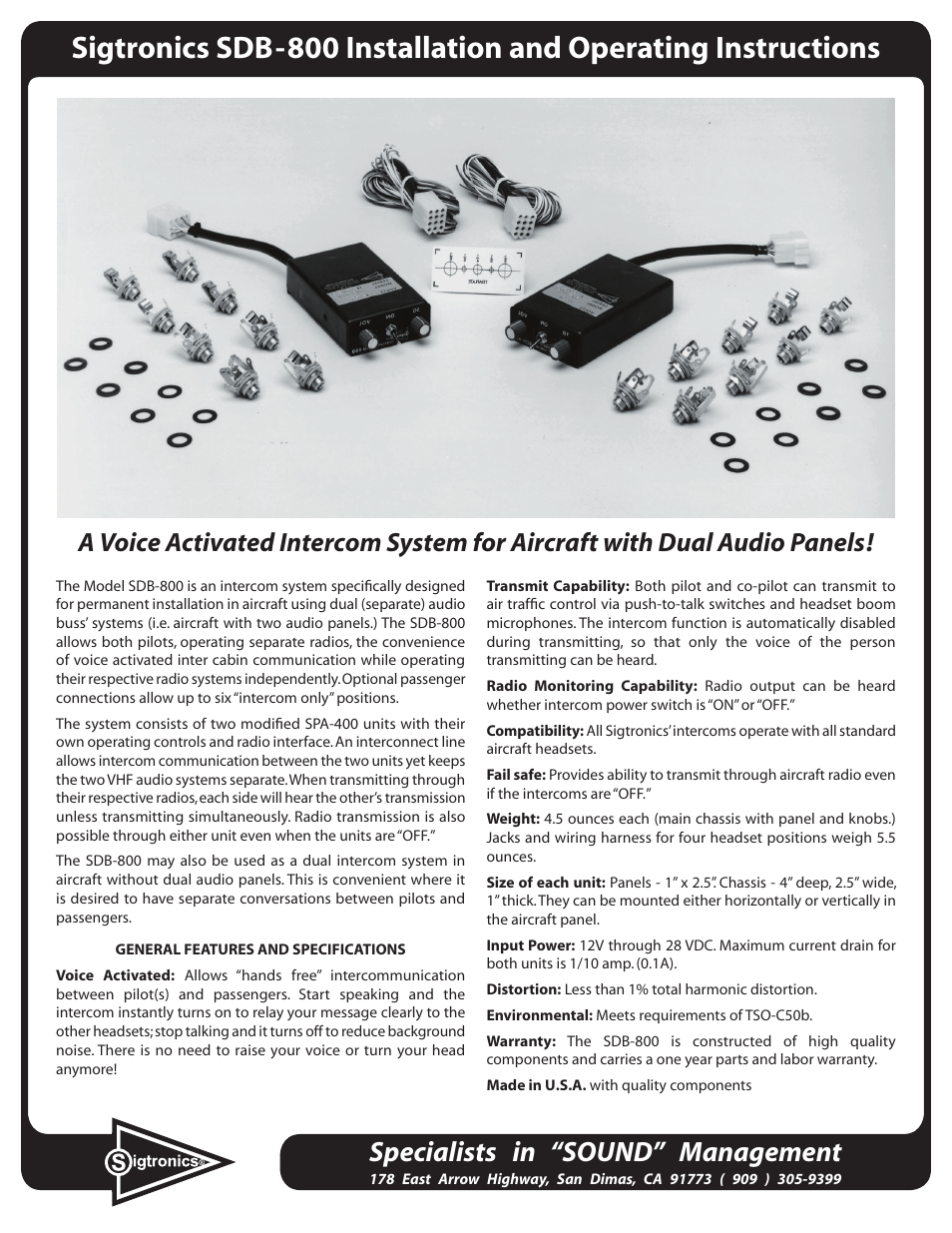 Sigtronics SDB-800 User Manual | 4 pages