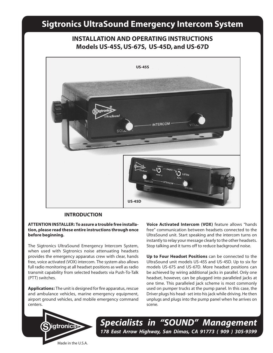 Sigtronics US-DR User Manual | 12 pages