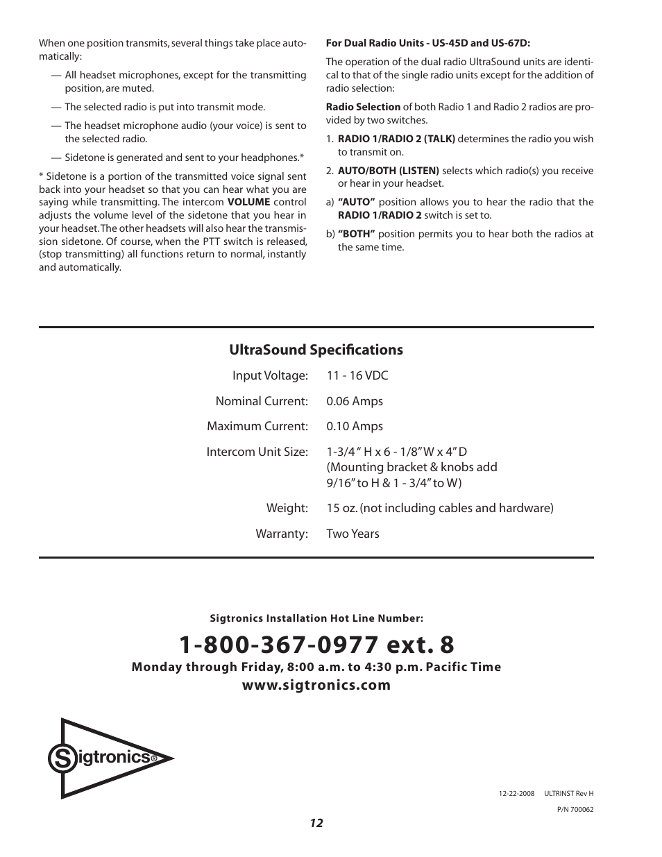 Igtronics, Ultrasound specifications | Sigtronics US-DR User Manual | Page 12 / 12