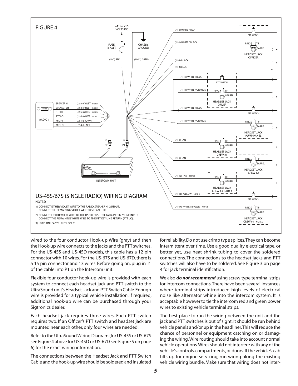 Figure 4, Us-45s/67s (single radio) wiring diagram | Sigtronics US-DR User Manual | Page 5 / 12