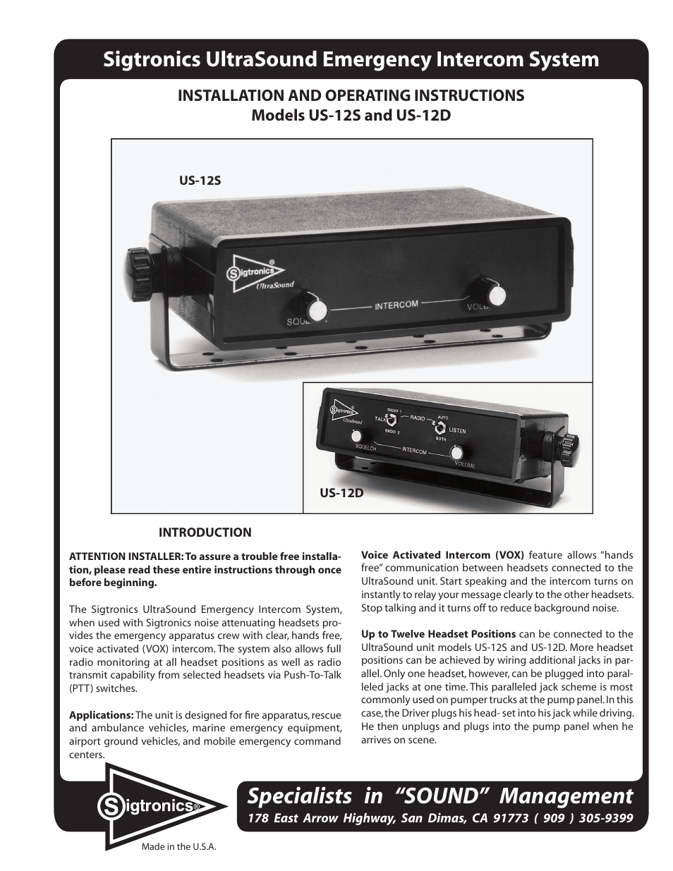 Sigtronics US-12D User Manual | 12 pages