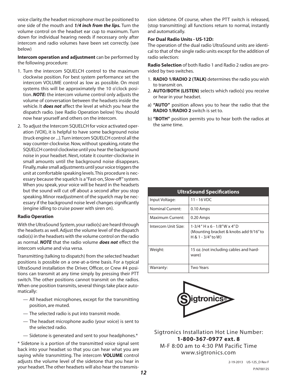 Igtronics | Sigtronics US-12D User Manual | Page 12 / 12