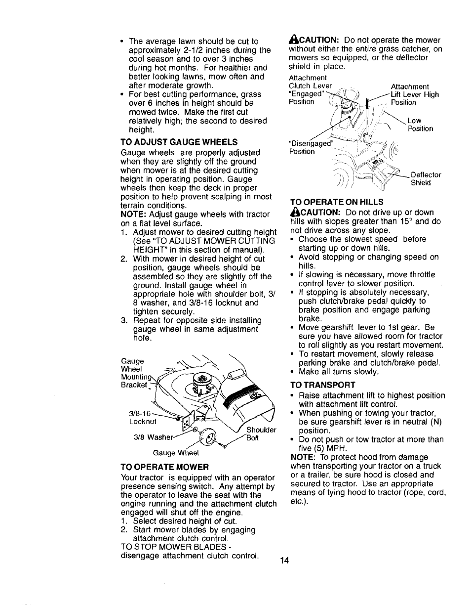 To adjust gauge wheels, To operate mower, To transport | J ) j j | Craftsman 917.272057 User Manual | Page 14 / 60