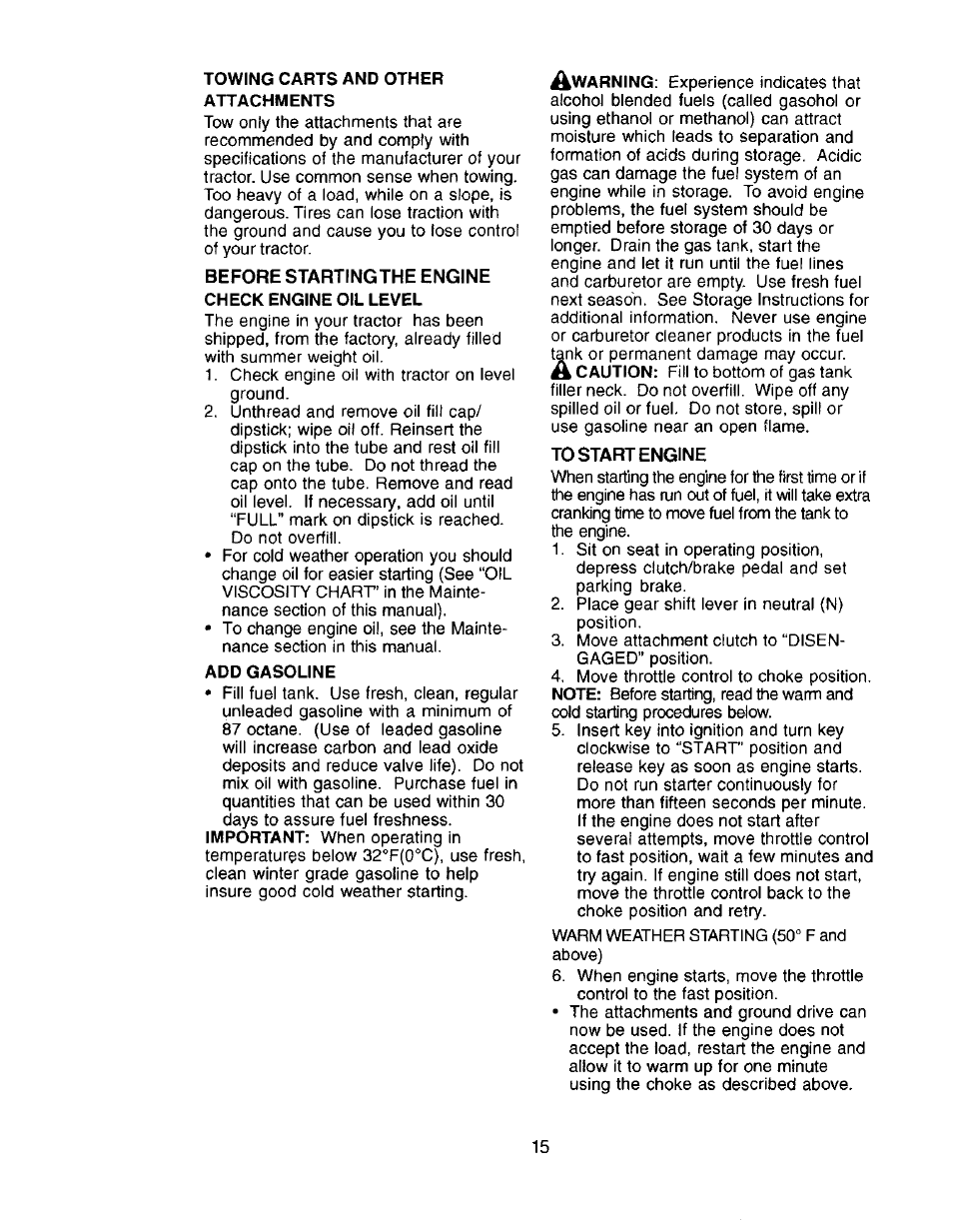 To start engine | Craftsman 917.272057 User Manual | Page 15 / 60