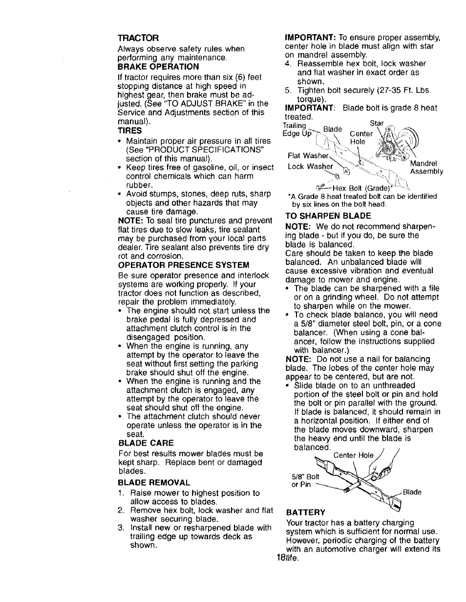 Tractor, Tires, Operator presence system | Blade care, Blade removal | Craftsman 917.272057 User Manual | Page 18 / 60