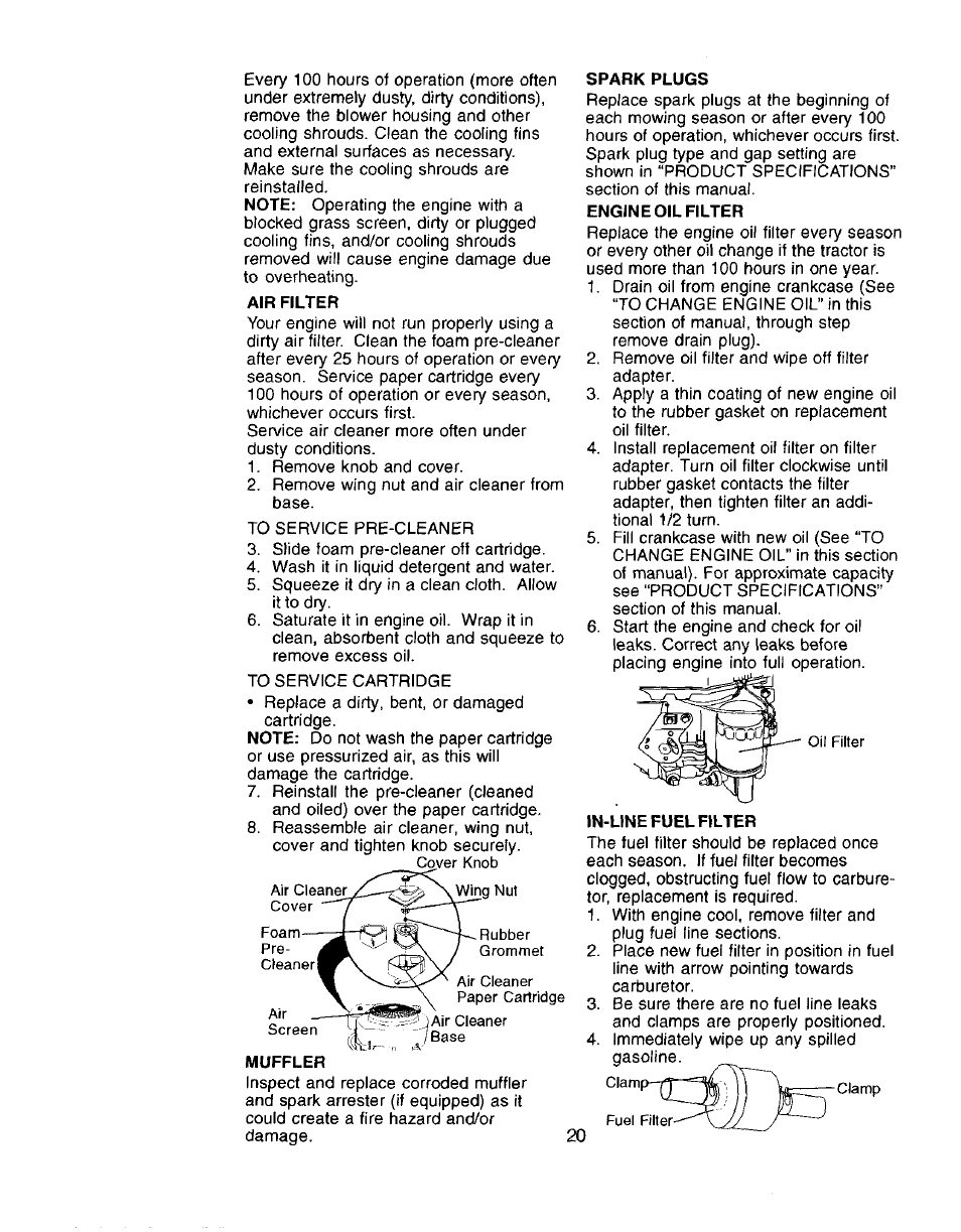 Air filter, Spark plugs, Engine oil filter | In-une fuel filter | Craftsman 917.272057 User Manual | Page 20 / 60