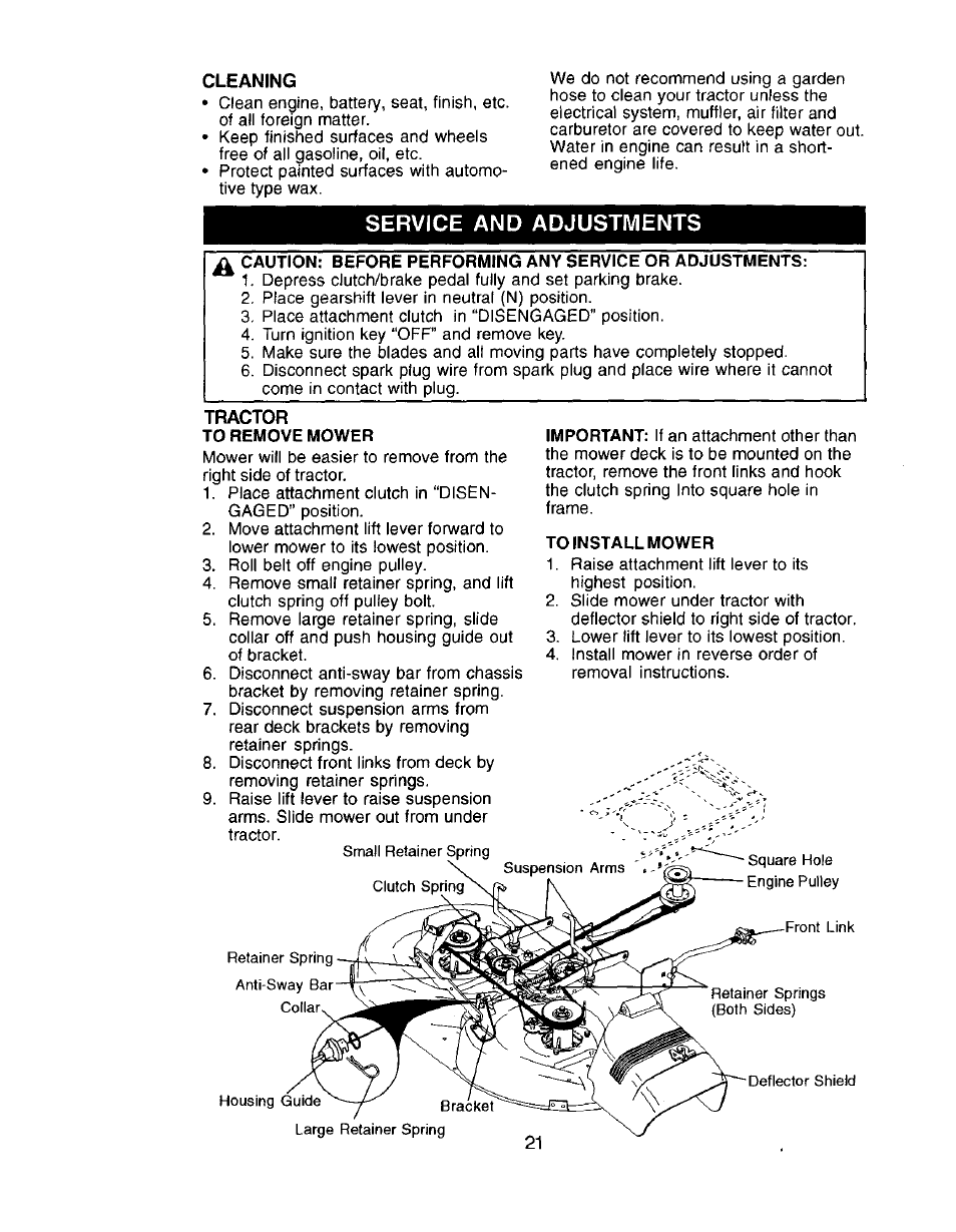 To remove mower, To install mower, Service and adjustments | Craftsman 917.272057 User Manual | Page 21 / 60