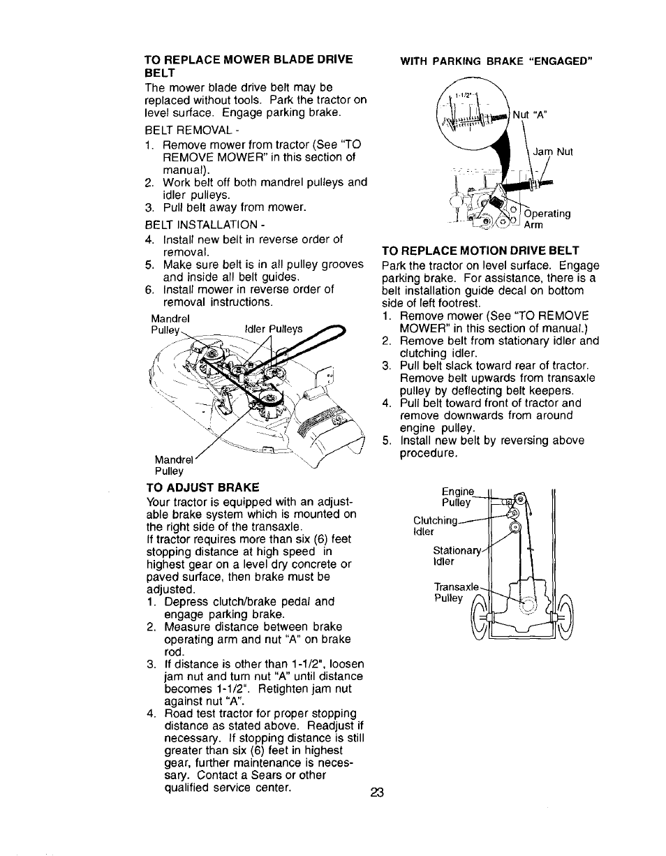 To replace mower blade drive, Belt, To replace motion drive belt | Craftsman 917.272057 User Manual | Page 23 / 60