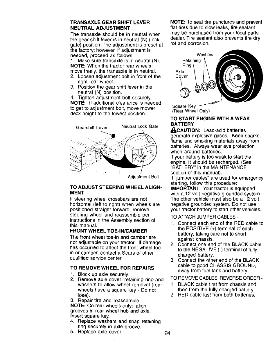 Transaxle gear shift lever neutral adjustment, To adjust steering wheel alignment, Front wheel toe-in/camber | To remove wheel for repairs, To start engine with a weak battery | Craftsman 917.272057 User Manual | Page 24 / 60