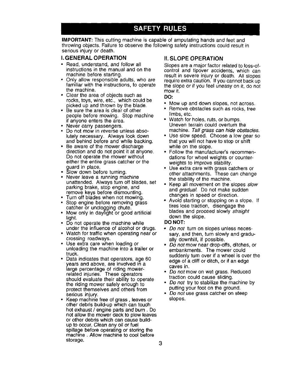 I. general operation, Ii. slope operation, Safety rules | Craftsman 917.272057 User Manual | Page 3 / 60