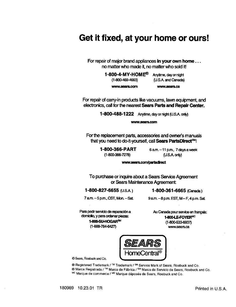 Get it fixed, at your home or ours, Homecentral | Craftsman 917.272057 User Manual | Page 60 / 60