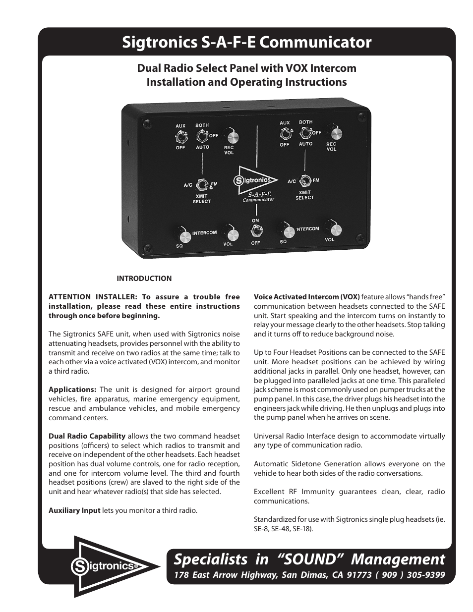 Sigtronics S-A-F-E Installation Instructions User Manual | 11 pages