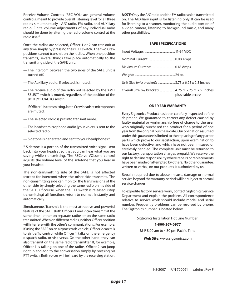 Sigtronics S-A-F-E Installation Instructions User Manual | Page 11 / 11