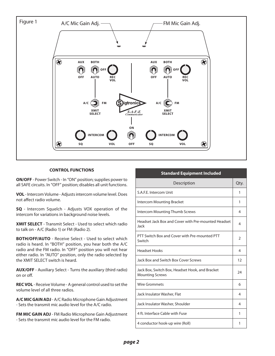 A/c mic gain adj. fm mic gain adj. figure 1 page 2 | Sigtronics S-A-F-E Installation Instructions User Manual | Page 2 / 11