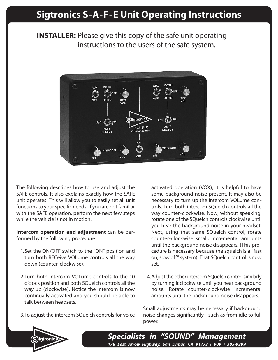 Sigtronics S-A-F-E Operating Instructions User Manual | 2 pages