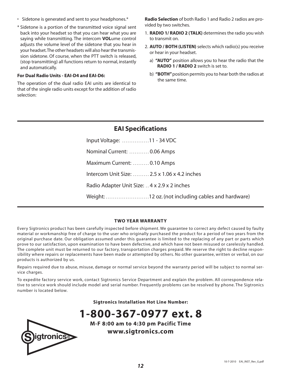 Igtronics, Eai specifications | Sigtronics EAI Installation Instructions User Manual | Page 12 / 12