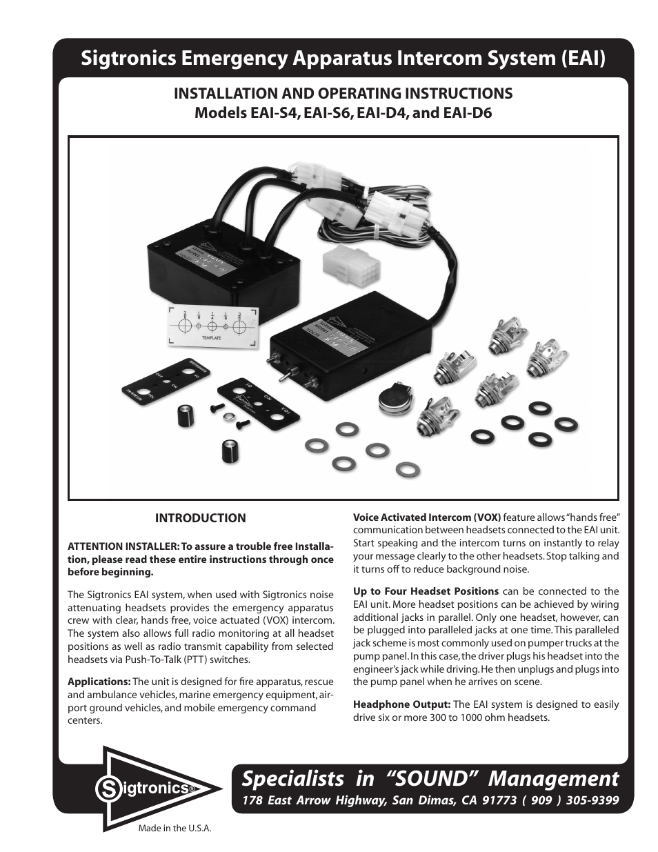 Sigtronics EAI Operating Instructions User Manual | 12 pages