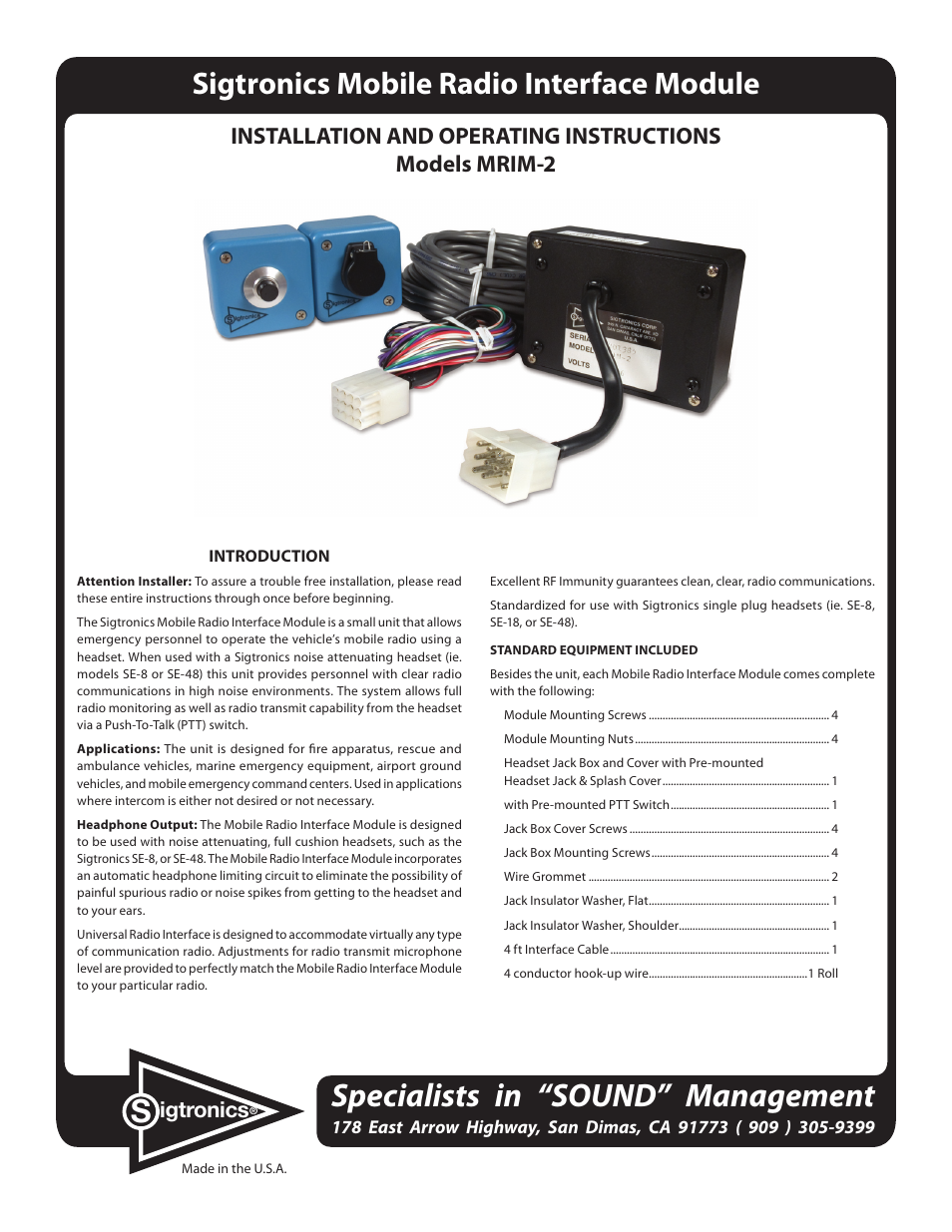 Sigtronics MRIM-2 User Manual | 5 pages