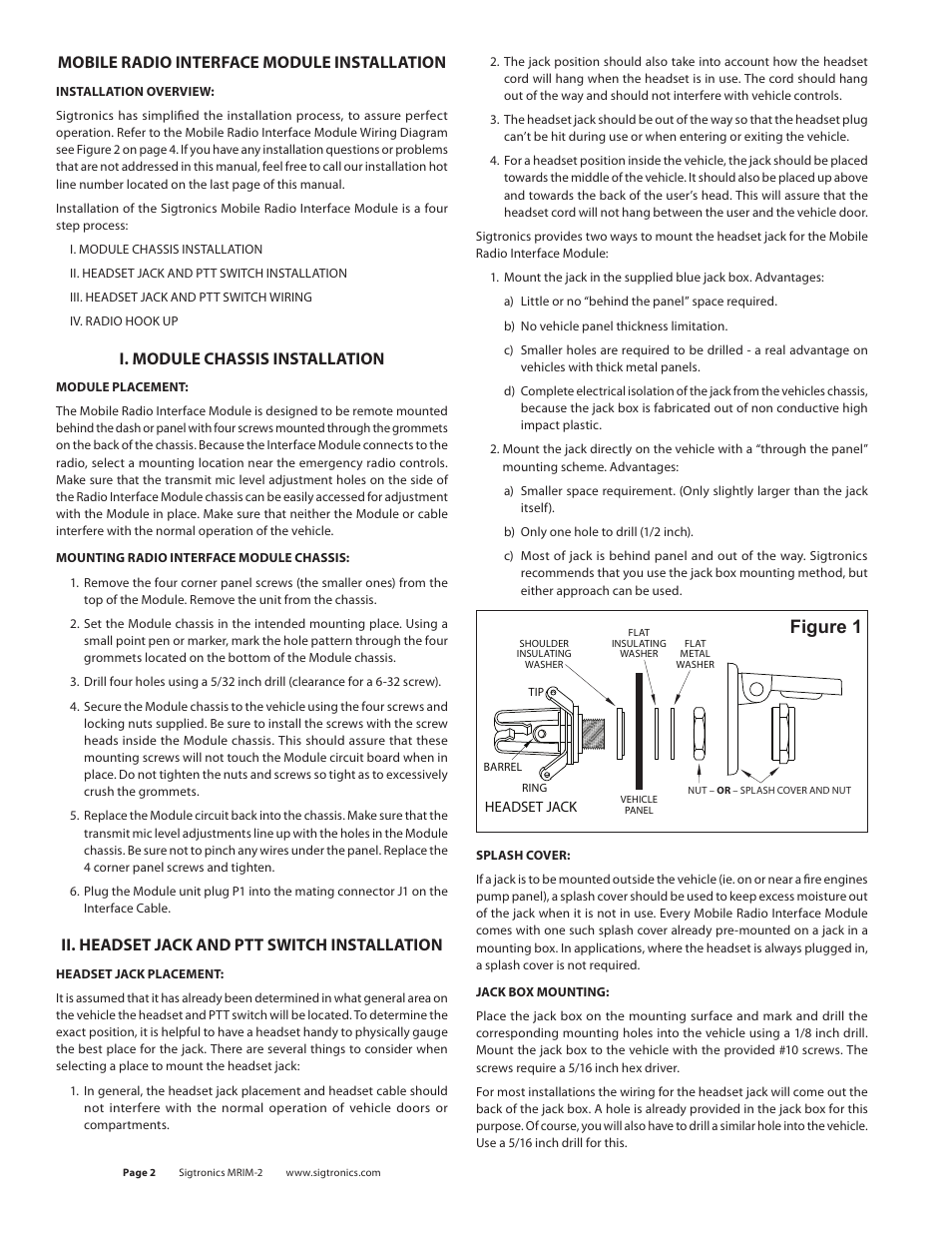 Figure 1, Mobile radio interface module installation, I. module chassis installation | Ii. headset jack and ptt switch installation | Sigtronics MRIM-2 User Manual | Page 2 / 5