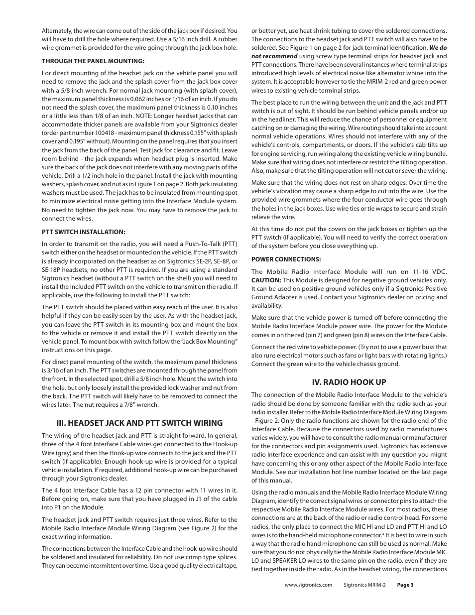 Iii. headset jack and ptt switch wiring, Iv. radio hook up | Sigtronics MRIM-2 User Manual | Page 3 / 5