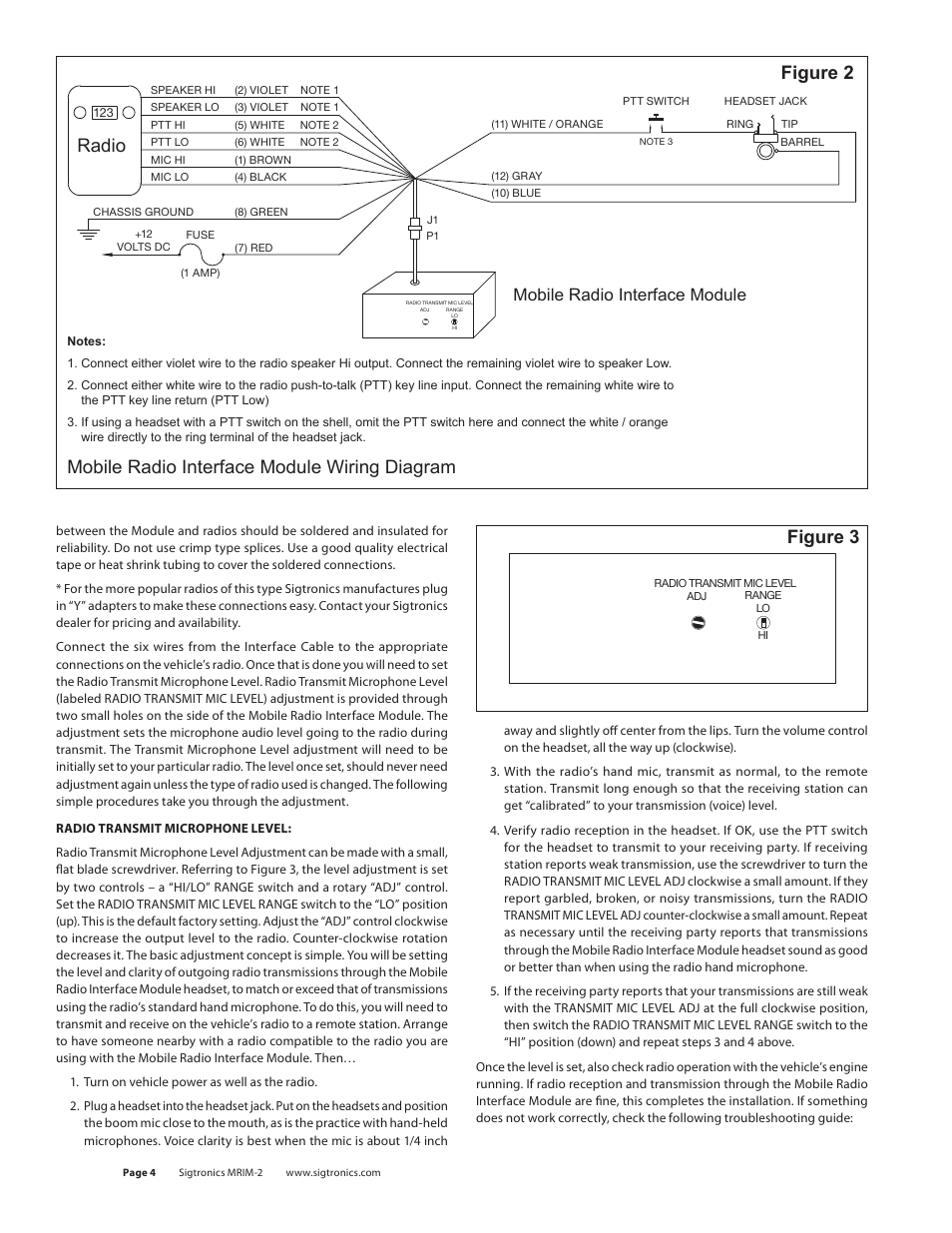 Mobile radio interface module wiring diagram, Figure 2 radio figure 3, Mobile radio interface module | Sigtronics MRIM-2 User Manual | Page 4 / 5