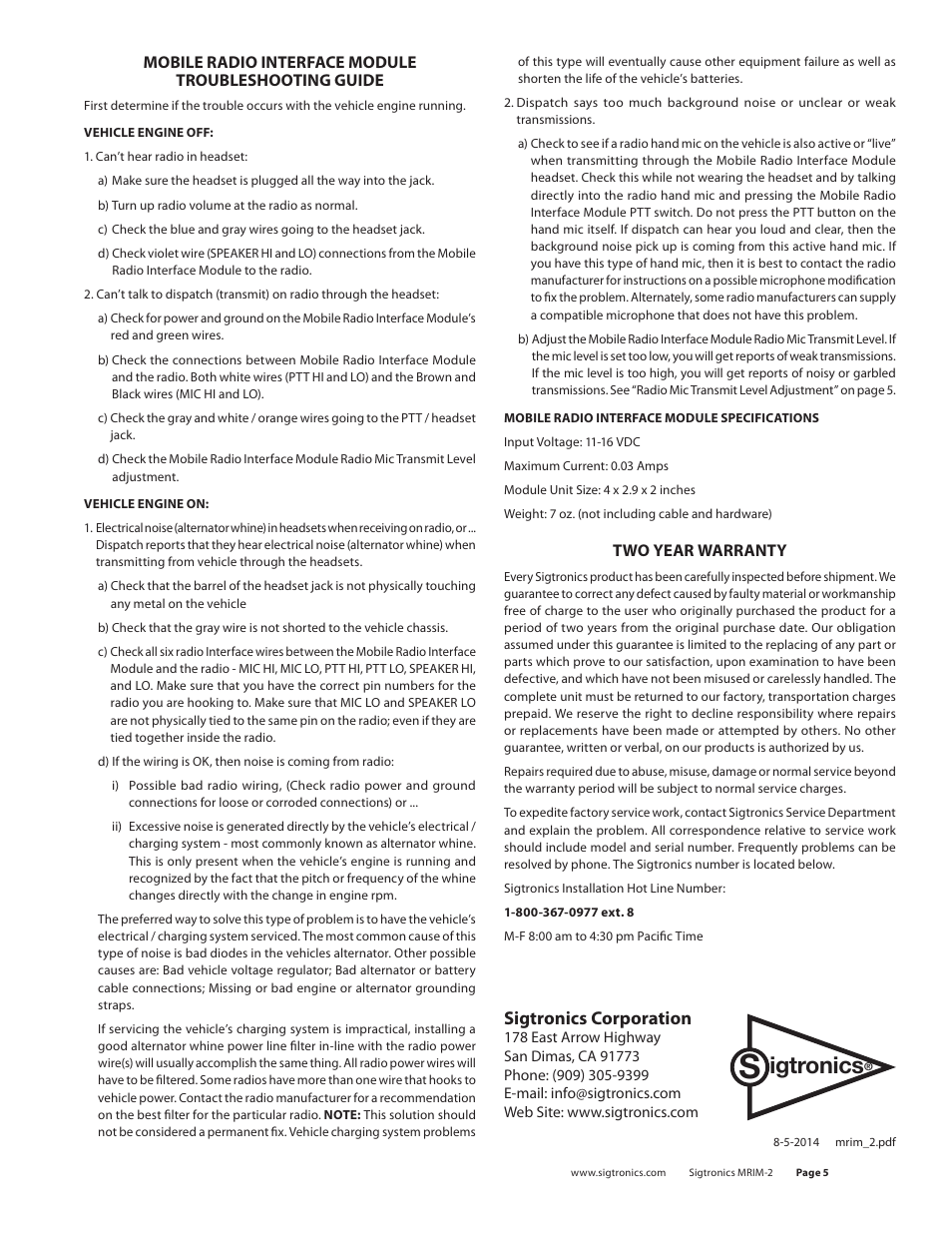 Igtronics, Sigtronics corporation | Sigtronics MRIM-2 User Manual | Page 5 / 5