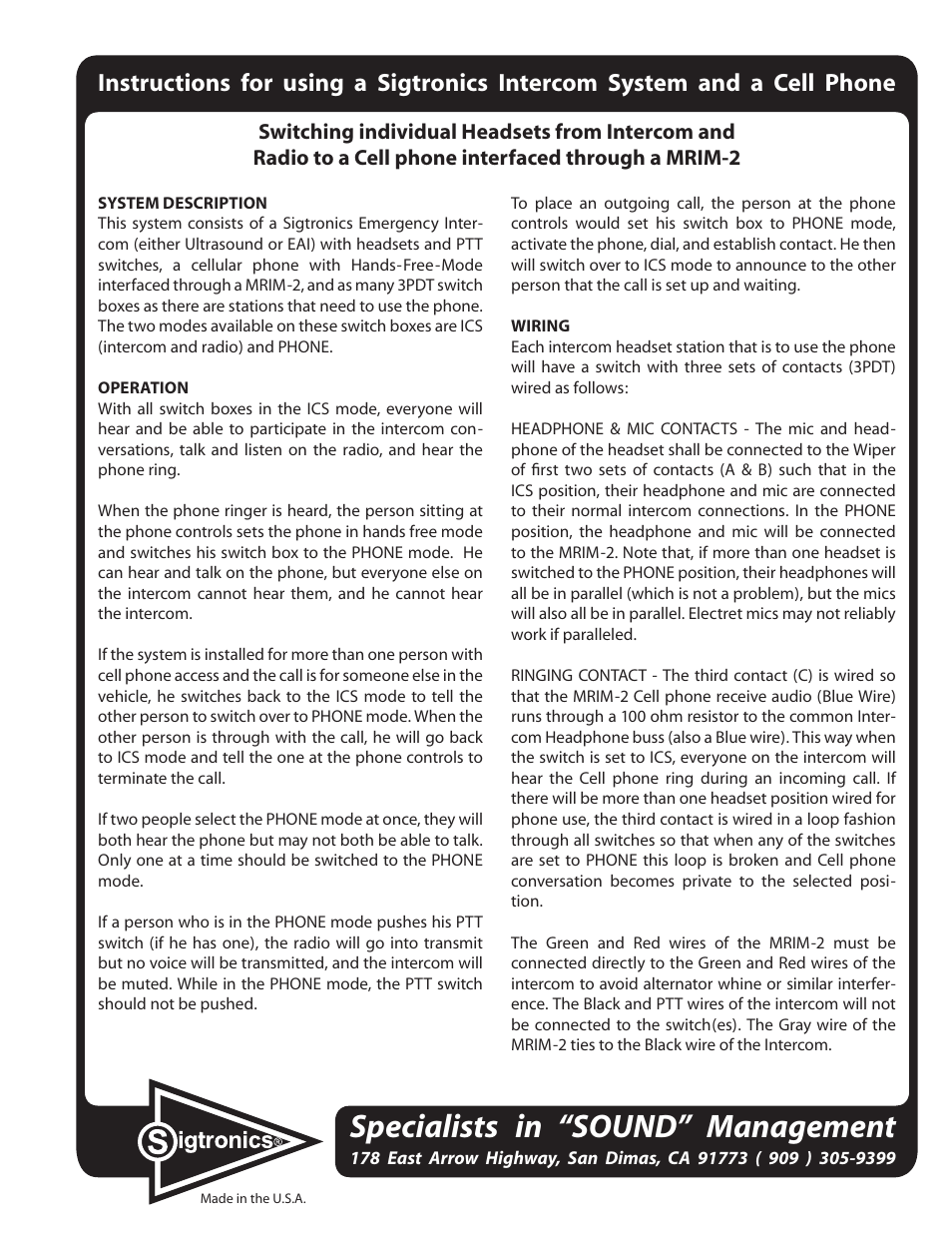 Sigtronics MRIM-2 Cellular  Interface User Manual | 2 pages