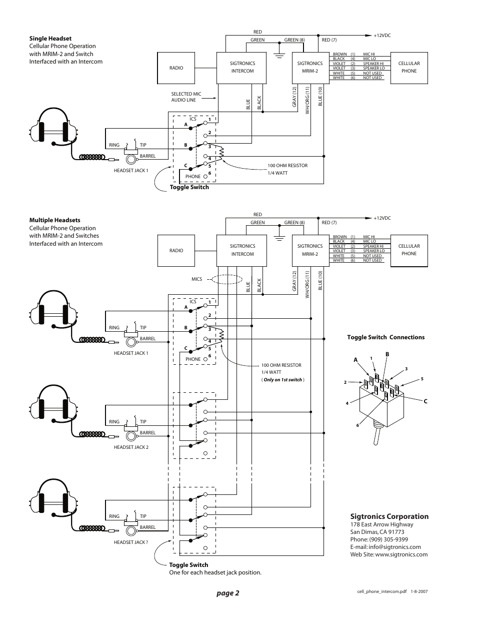 Page 2 sigtronics corporation | Sigtronics MRIM-2 Cellular  Interface User Manual | Page 2 / 2