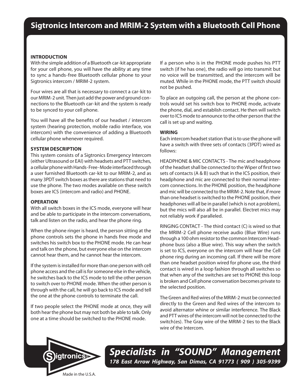 Sigtronics MRIM-2 Bluetooth Cellular Interface User Manual | 2 pages