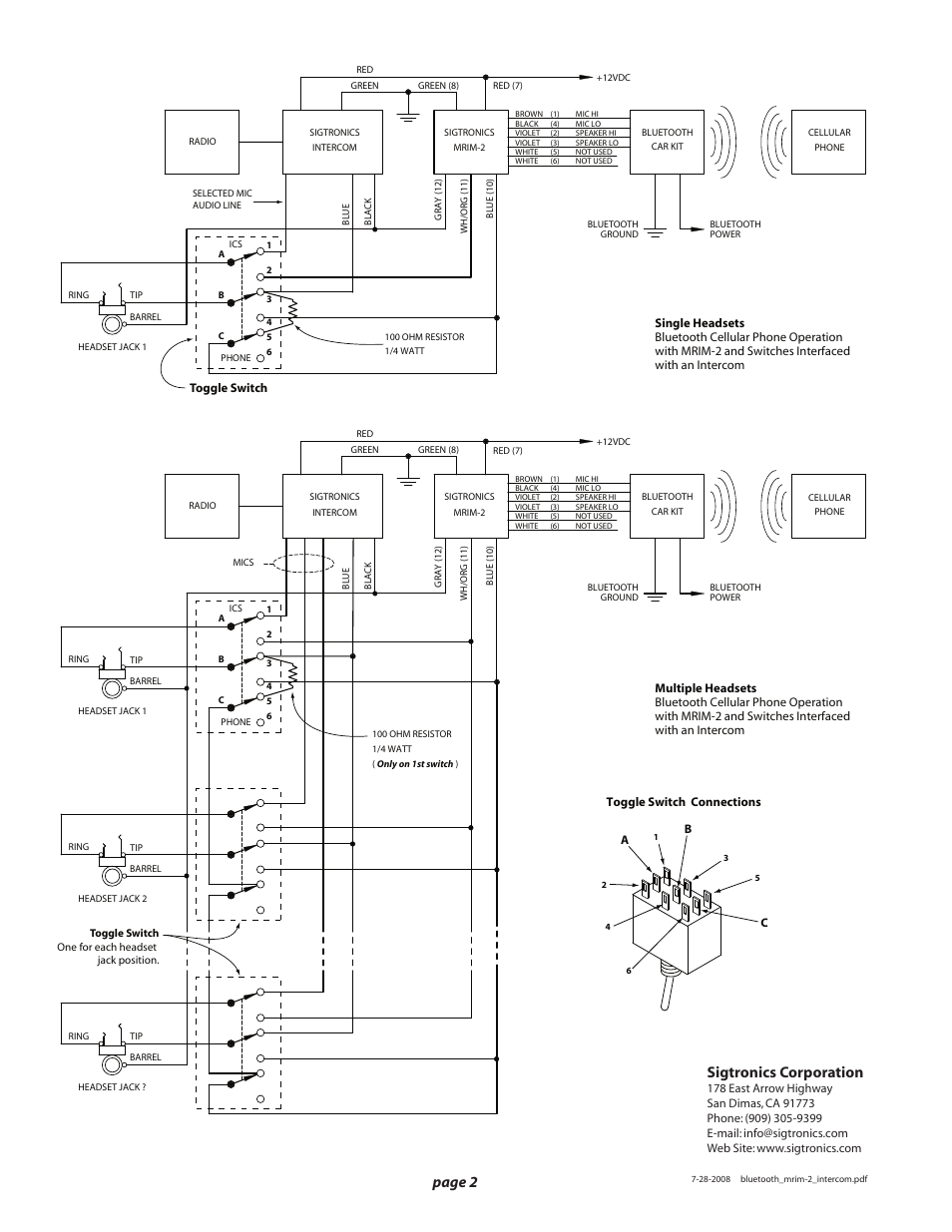 Page 2 sigtronics corporation | Sigtronics MRIM-2 Bluetooth Cellular Interface User Manual | Page 2 / 2